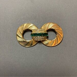 Vintage green rhinestone gold circle pin brooch
